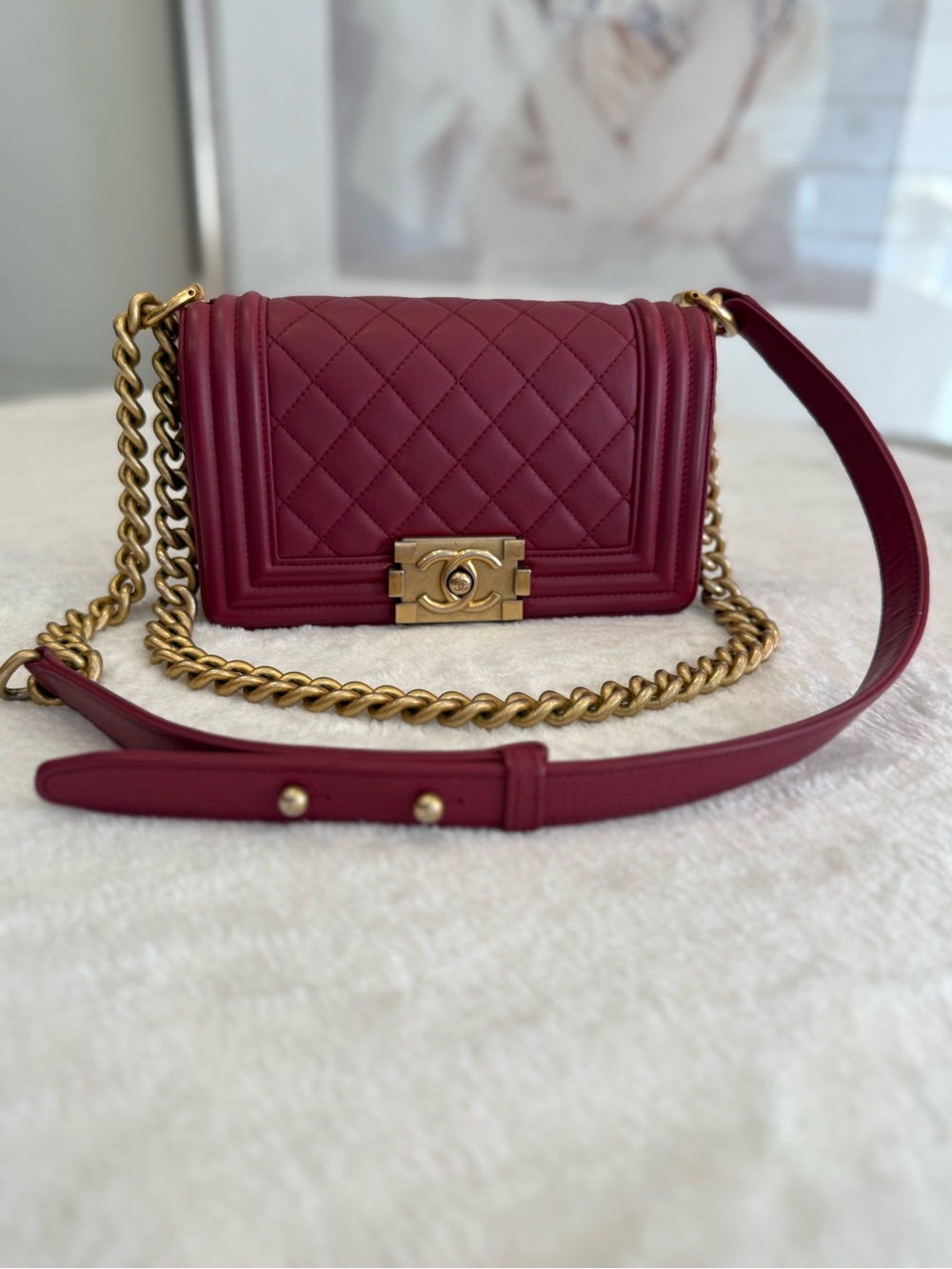 CHANEL Boy Bag - Burgundy Quilted Leather with Antique Gold-Tone Hardware